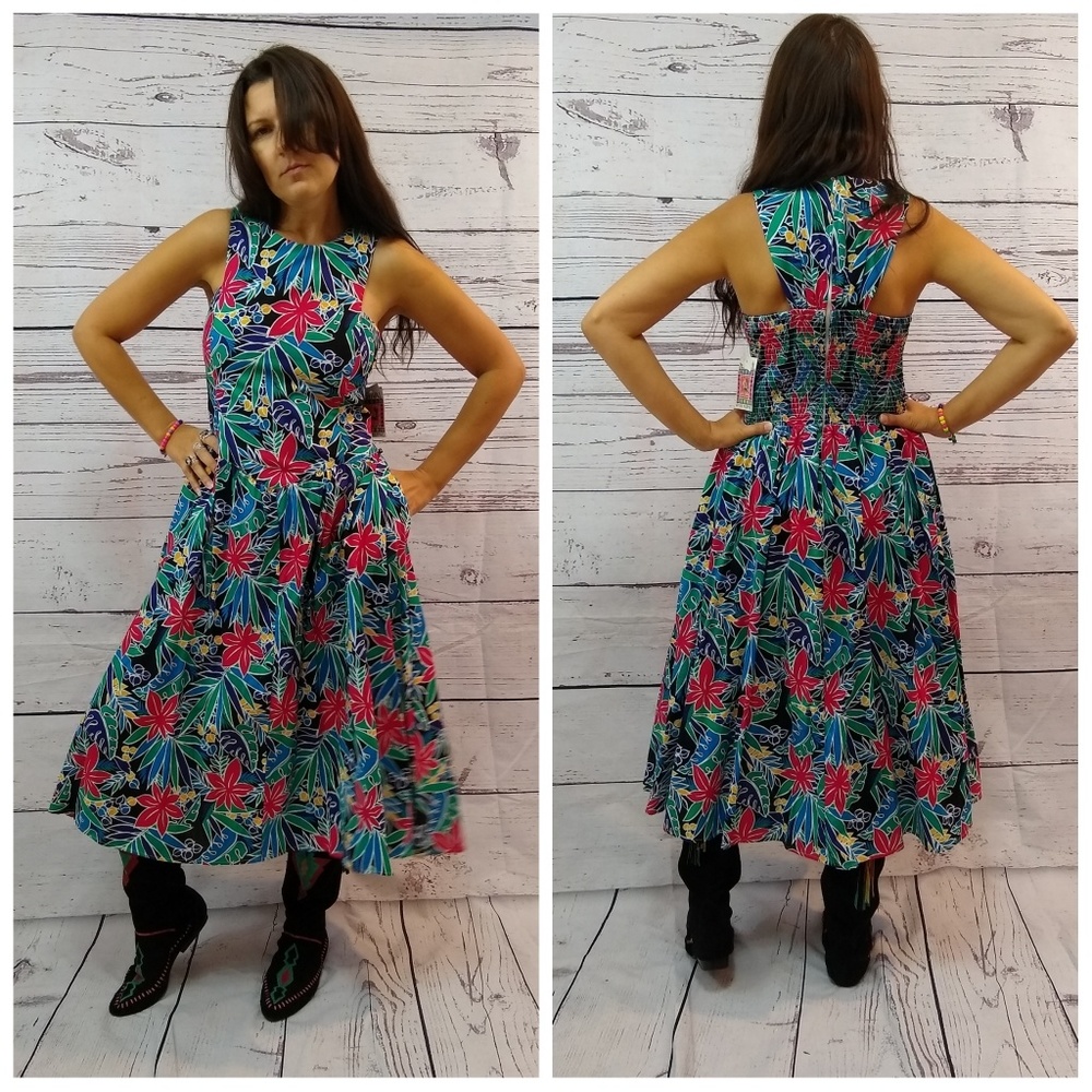 80s floral print cutout back dress with pockets - Picture 1 of 5